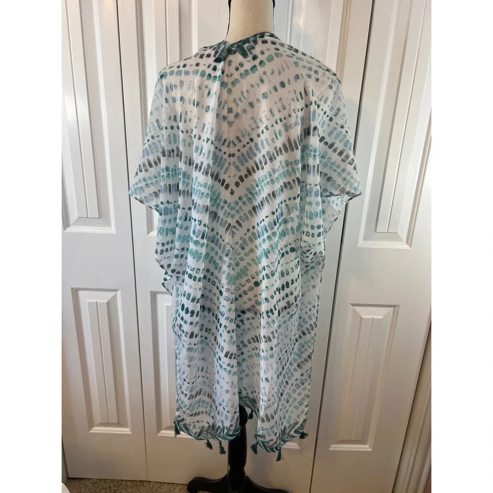 Styline Womens Teal Abstract Print Tassel Trim Kimono Wrap One Size NEW